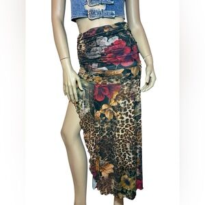 Windsor Leopard Floral Mesh Ruched High Slit Maxi Skirt NWT Size S Festival